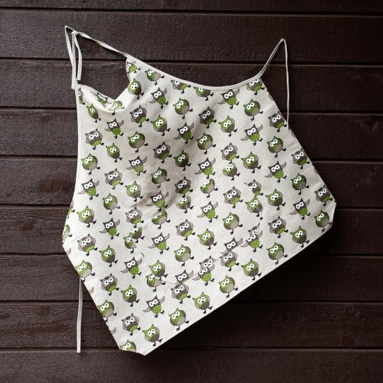 Colourful half-linen kitchen apron "Owls green"